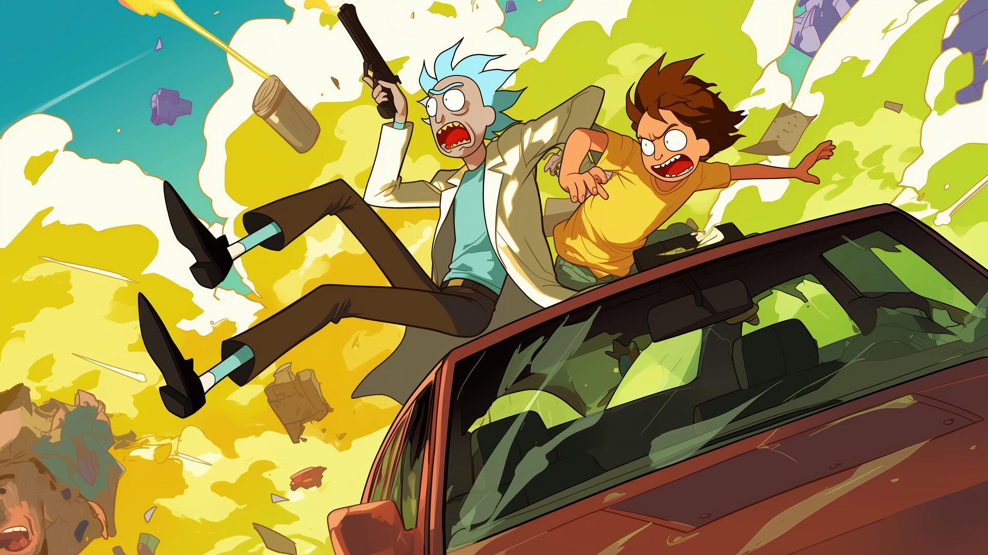 Rick and Morty: The Anime 4K Ultra HD PC desktop wallpaper — Rick fires a gun while Morty screams as they tumble from a red car against a bright, explosive yellow sky.