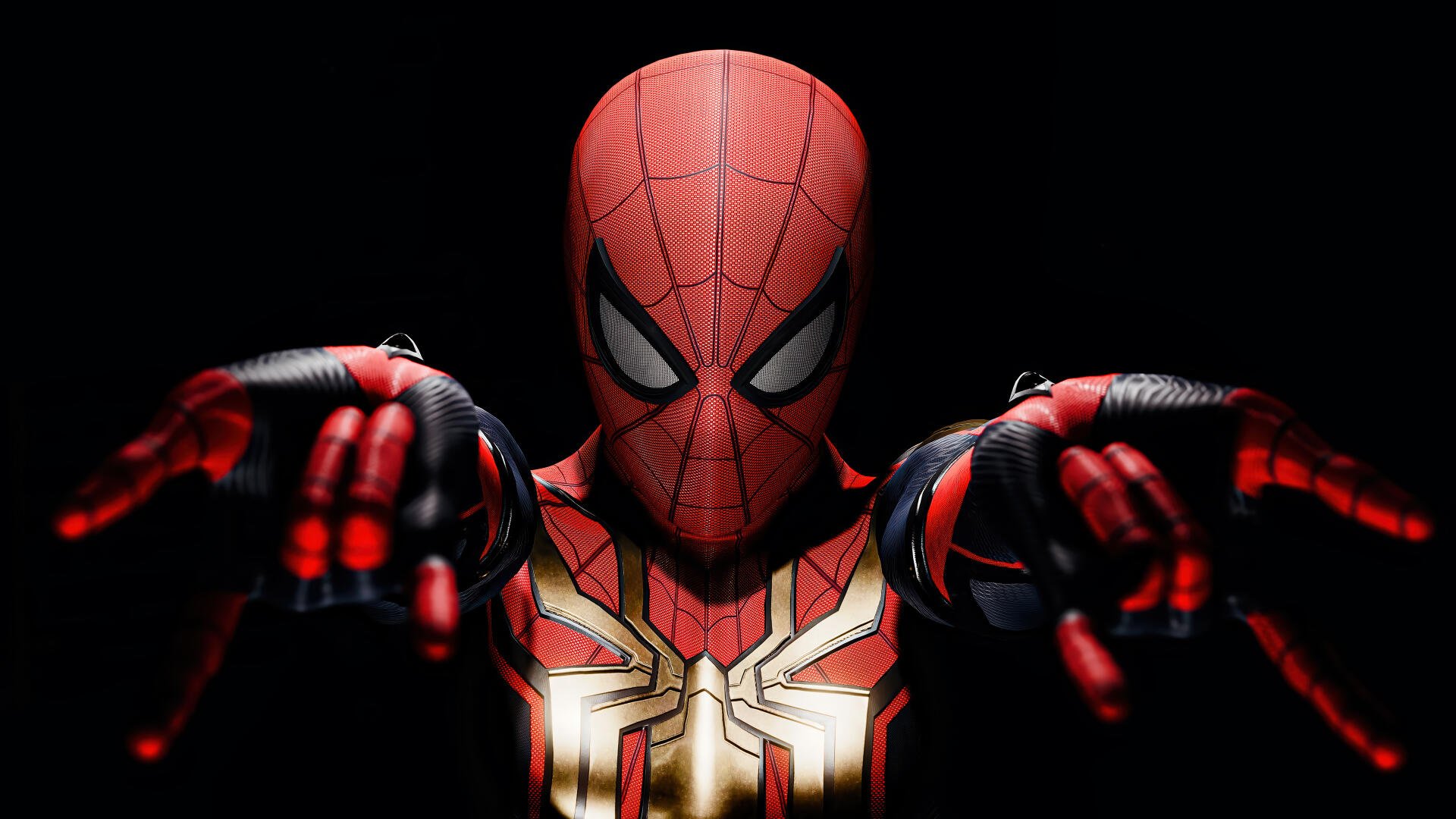 Spider-Man in red-and-gold armored suit from Spider-Man: No Way Home, reaching toward the viewer on a black background — 4K Ultra HD PC desktop wallpaper.