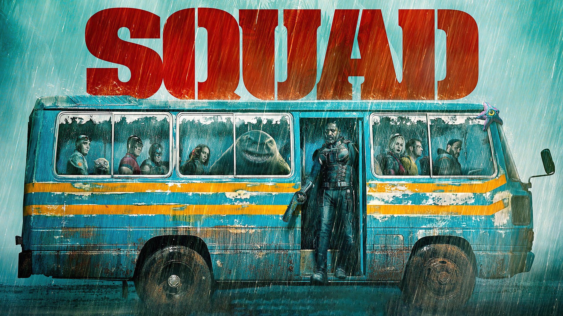 The Suicide Squad 4K Ultra HD PC desktop wallpaper background: rain-soaked, stylized bus packed with squad members, a masked figure standing at the battered bus door.