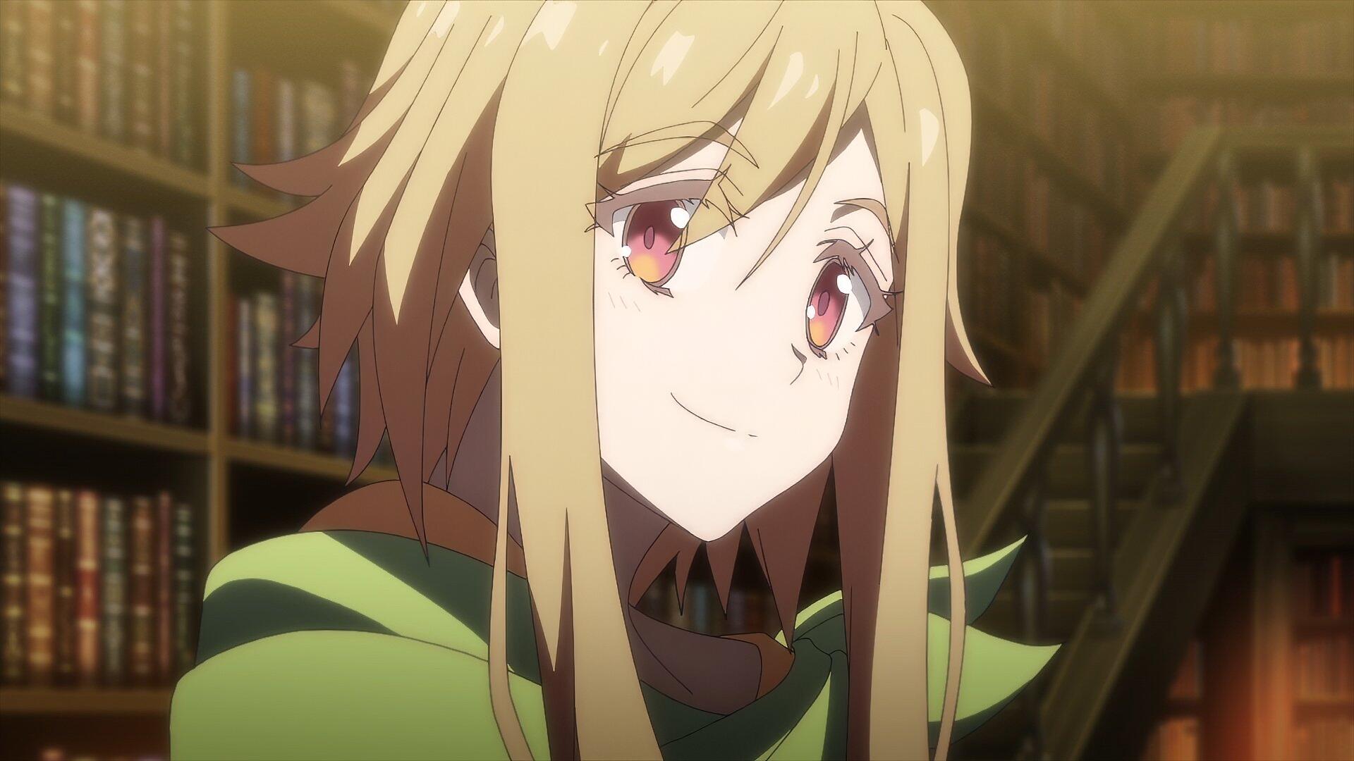 Anime HD PC desktop wallpaper of a smiling blonde heroine from Tsuyokute New Saga, close-up in a warmly lit library with bookshelves in the background.