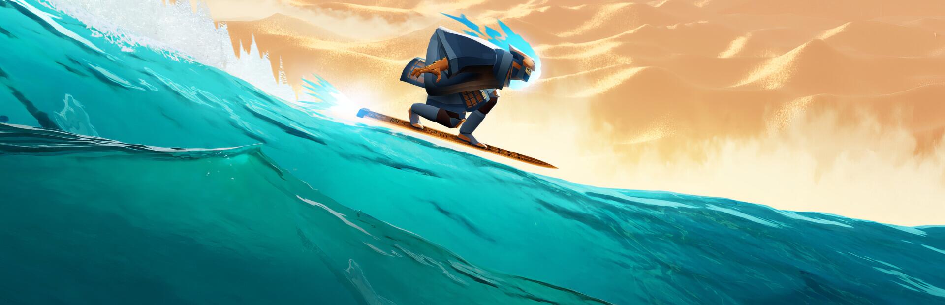 Video game HD PC desktop wallpaper/background: Sword of the Sea hero surfs a cresting turquoise wave at sunset, brandishing a glowing blade.