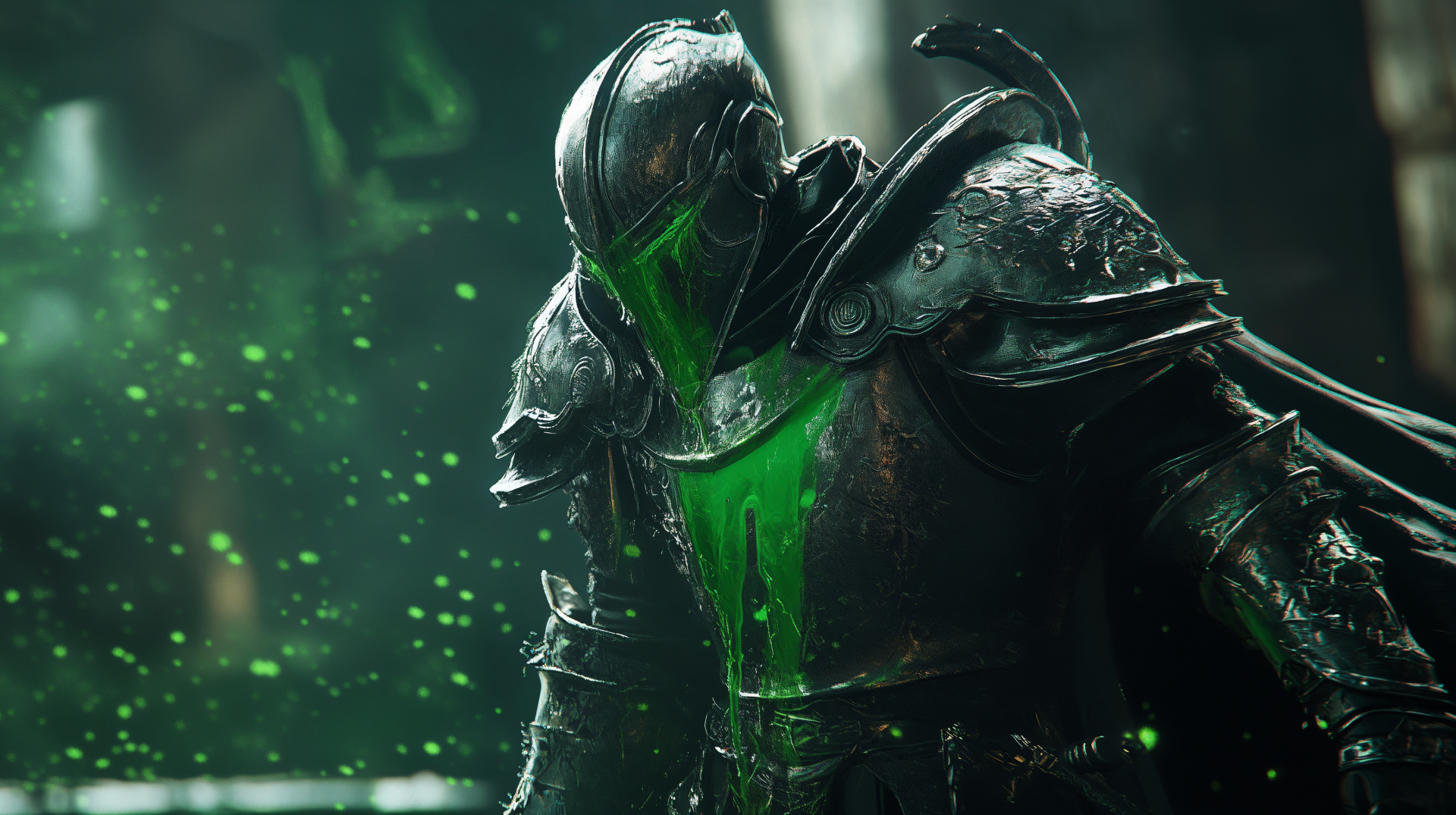 4K Ultra HD PC desktop wallpaper: a fantasy knight in cursed black armor oozing luminous green poison, visor glowing as toxic droplets scatter in dim light.