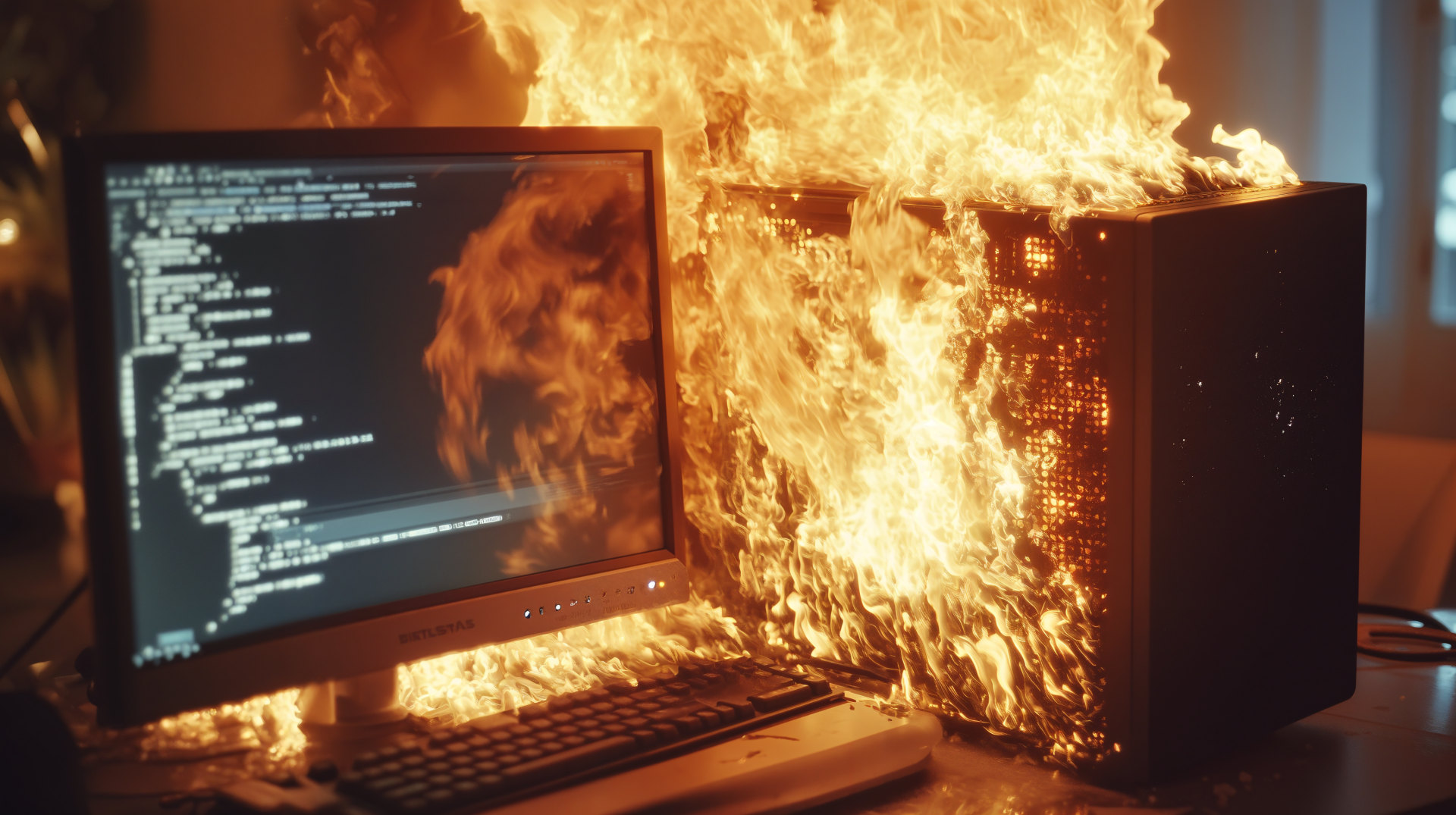 4K Ultra HD PC desktop wallpaper/background: a computer tower and monitor showing lines of code, both engulfed in bright, roaring flames.