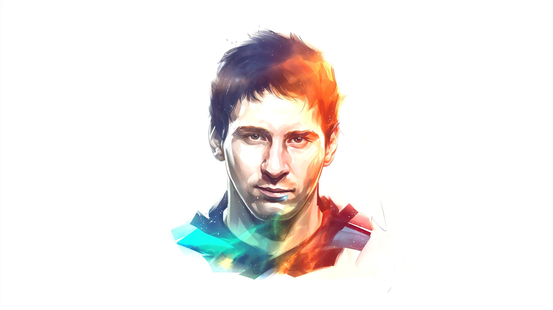 Stylized watercolor portrait of a male footballer with colorful light flares on a white backdrop — 4K Ultra HD PC desktop wallpaper and background.