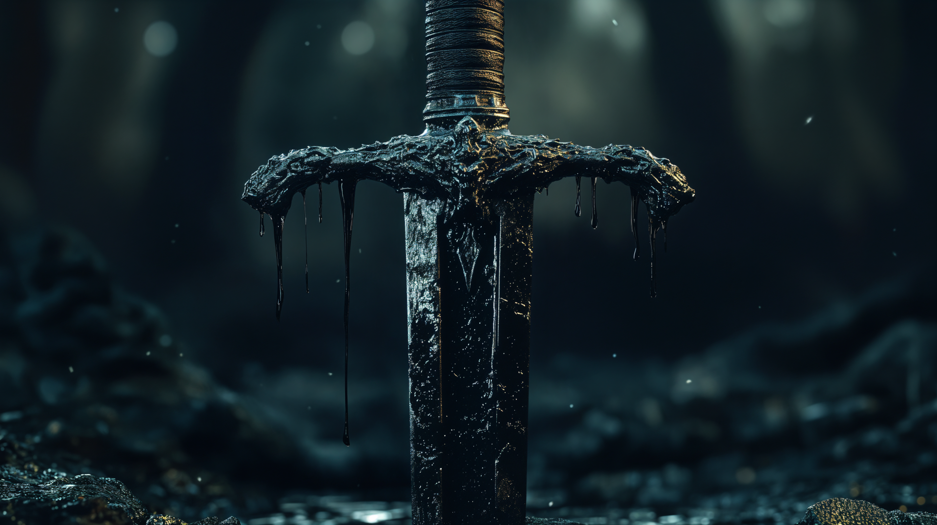 4K Ultra HD PC desktop wallpaper: dark fantasy cursed weapon — a sword driven into mossy earth, its crossguard dripping black ichor beneath dim, foggy forest light.