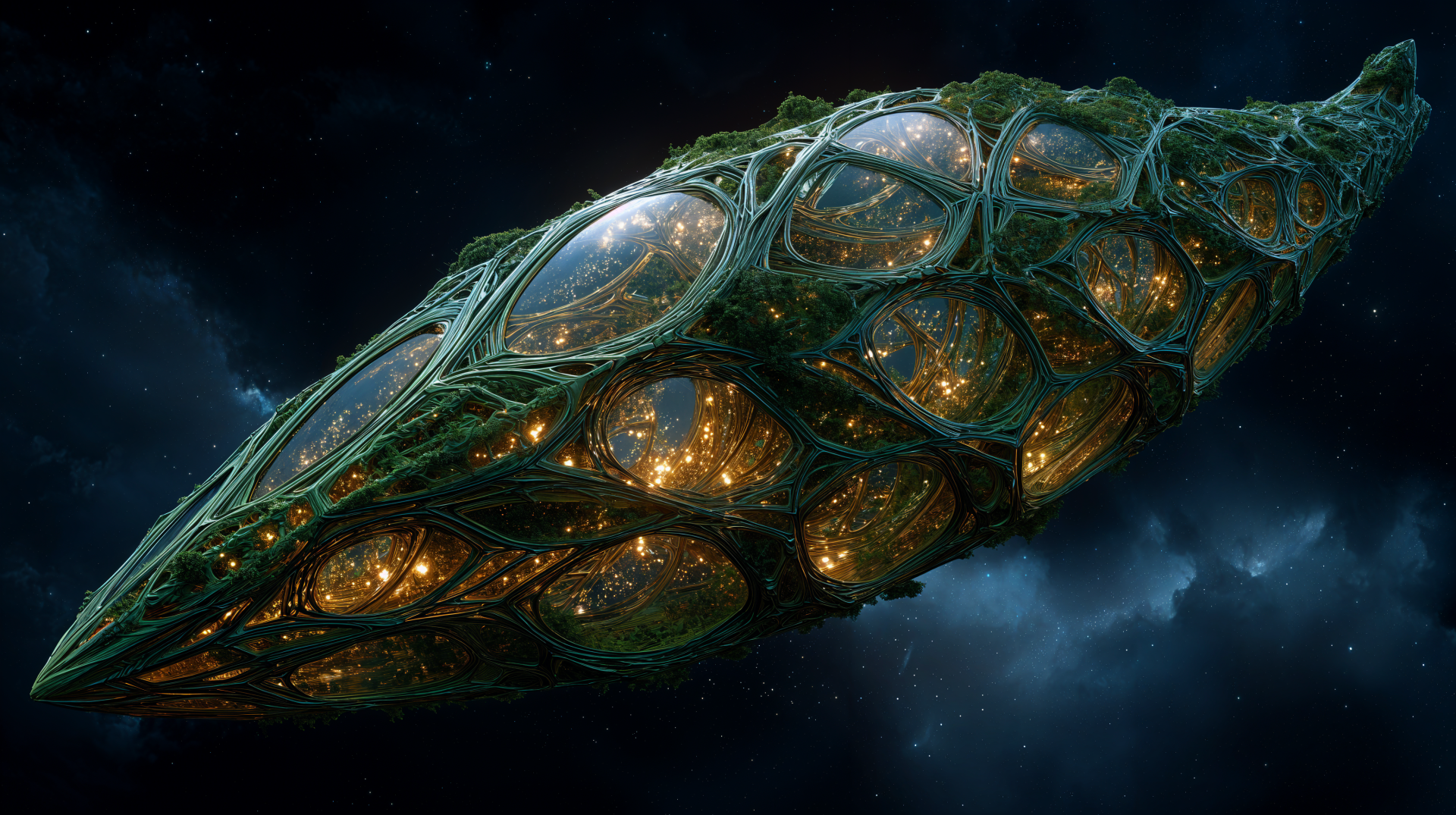 Sci-fi spaceship with organic green lattice and glowing golden chambers drifting through space — 4K Ultra HD PC desktop wallpaper and background.