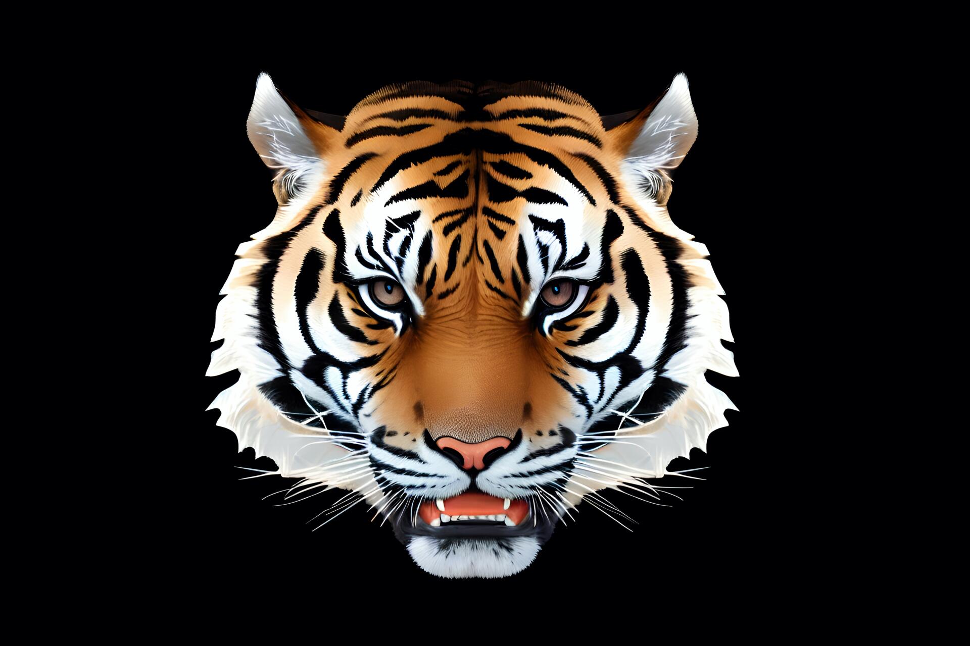 HD PC desktop wallpaper clipart of a tiger face (animal) centered on a black background.