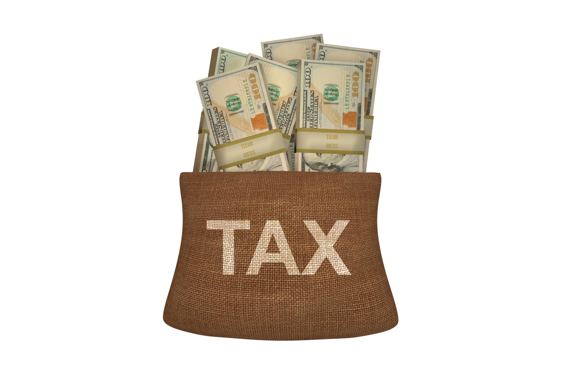 HD PC desktop wallpaper of a burlap money bag labeled TAX overflowing with hundred‑dollar bills — dollar money/bags imagery representing taxes and finance background.