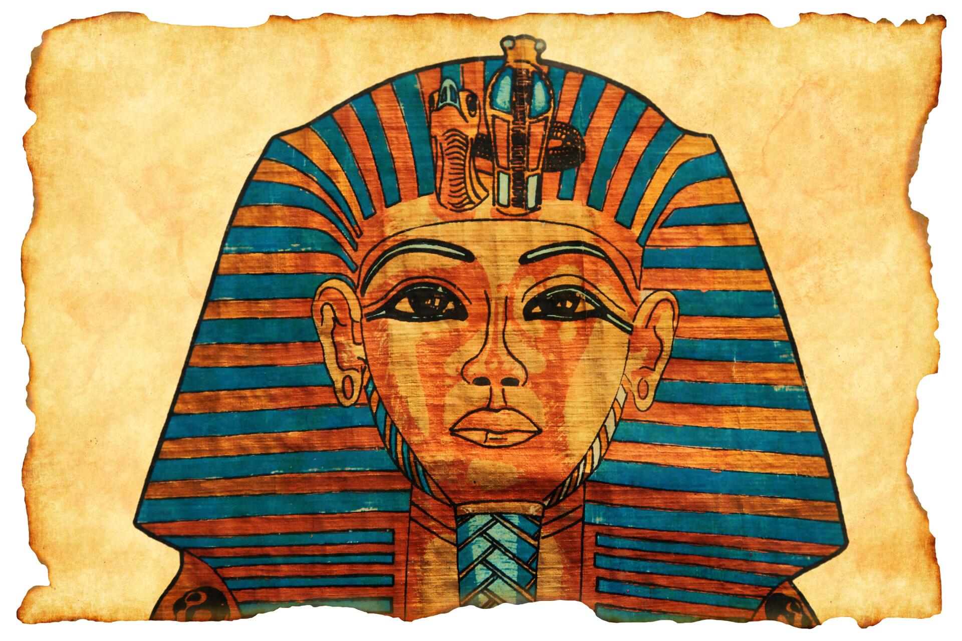 Ancient Egyptian pharaoh's funerary mask with gold and blue striped nemes headdress on aged parchment background — HD PC desktop wallpaper