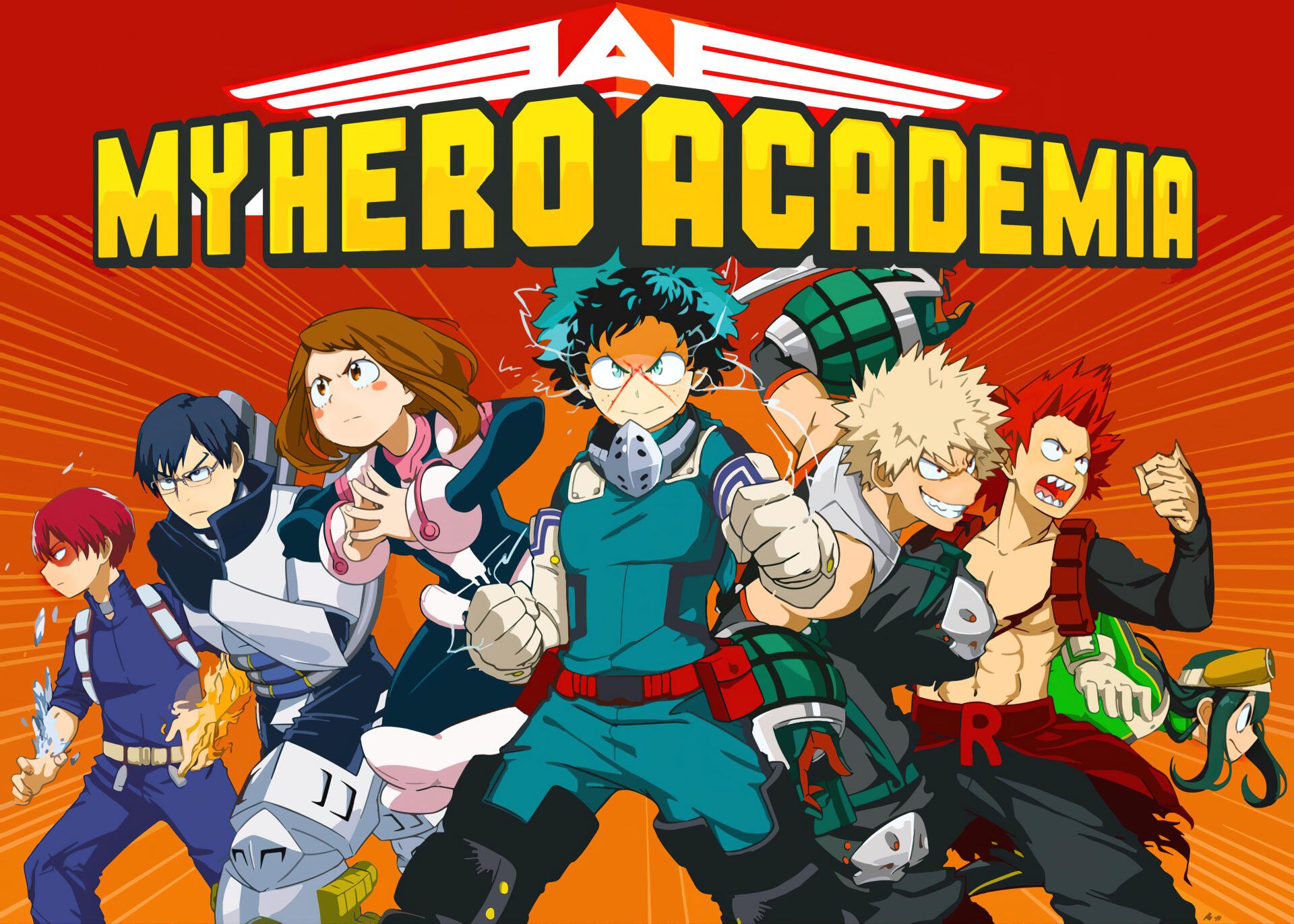 My Hero Academia 4K Ultra HD PC desktop wallpaper: Deku, Ochaco, Bakugo, Todoroki, Kirishima and classmates posed heroically against a red burst background.