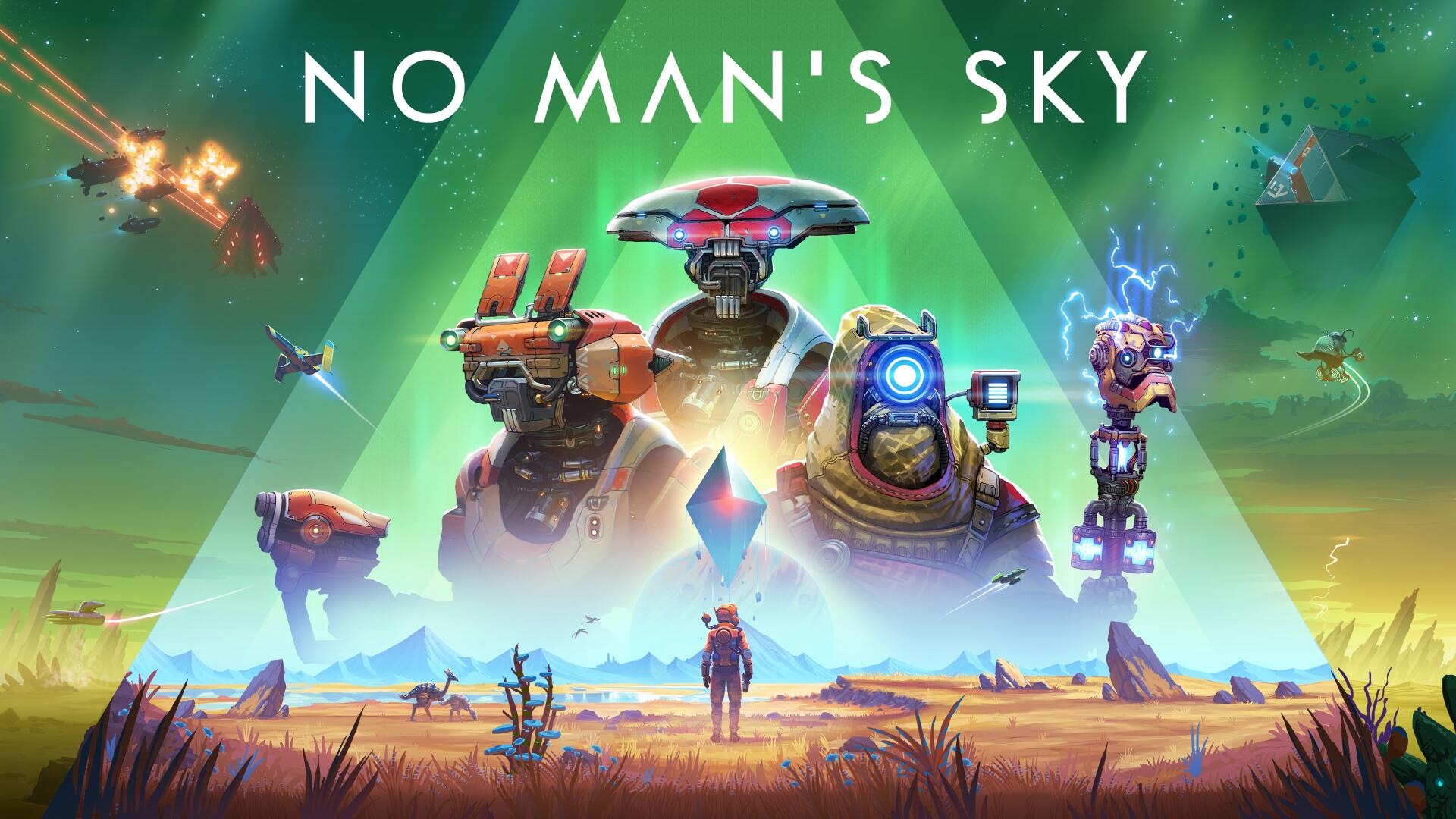 No Man's Sky 4K Ultra HD PC desktop wallpaper — lone explorer on an alien plain faces towering robotic creatures, starships and a glowing geometric monolith beneath a green aurora sky.