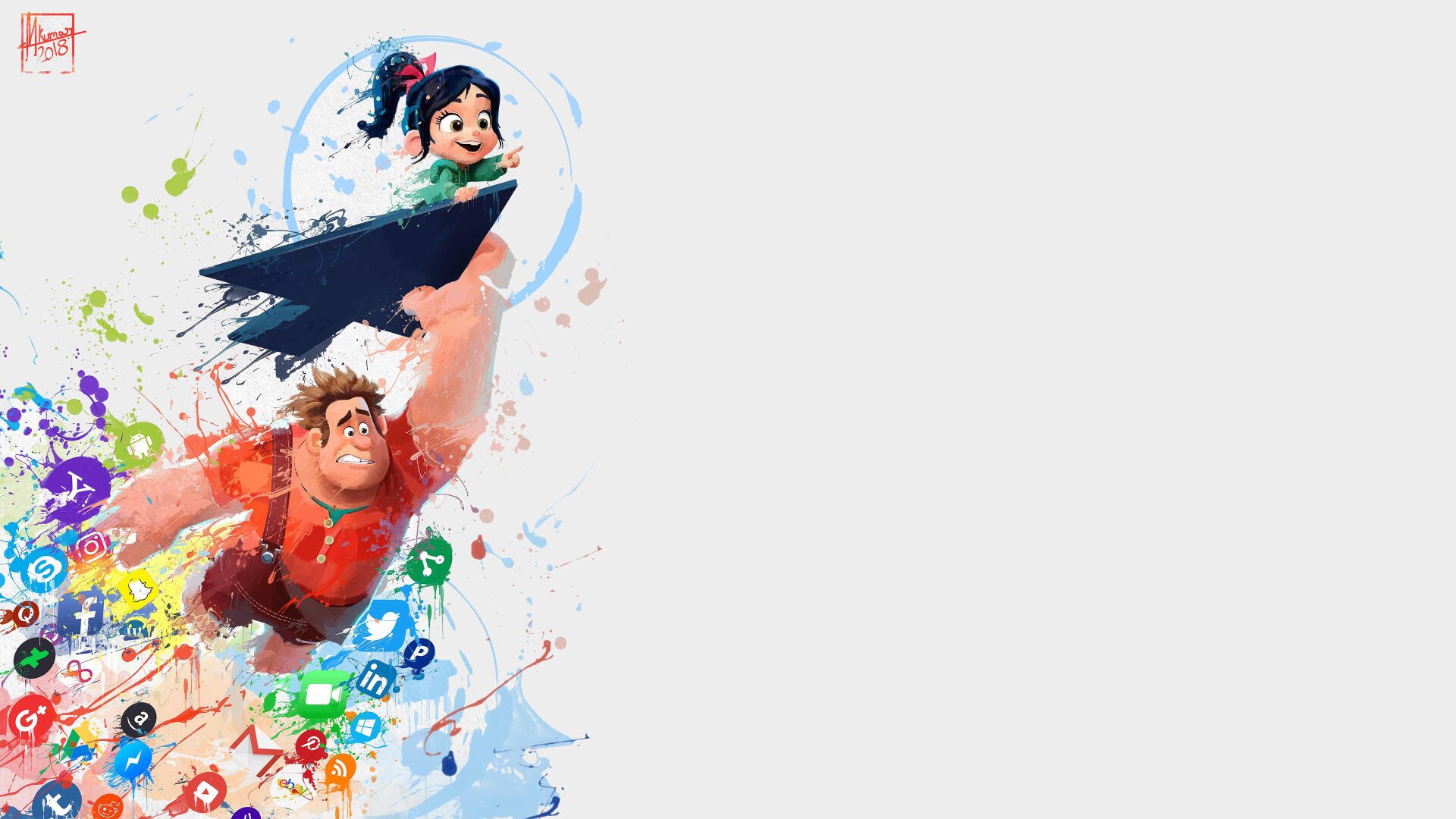 Ralph Breaks the Internet 4K Ultra HD PC desktop wallpaper — Wreck‑It Ralph lifts Vanellope as colorful app and internet icons swirl across a white background.