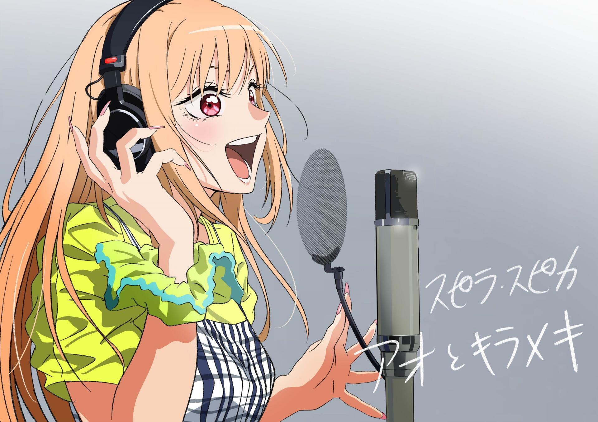 Anime 4K Ultra HD PC desktop wallpaper: Marin Kitagawa from My Dress-Up Darling singing into a studio microphone, wearing headphones and a bright outfit.