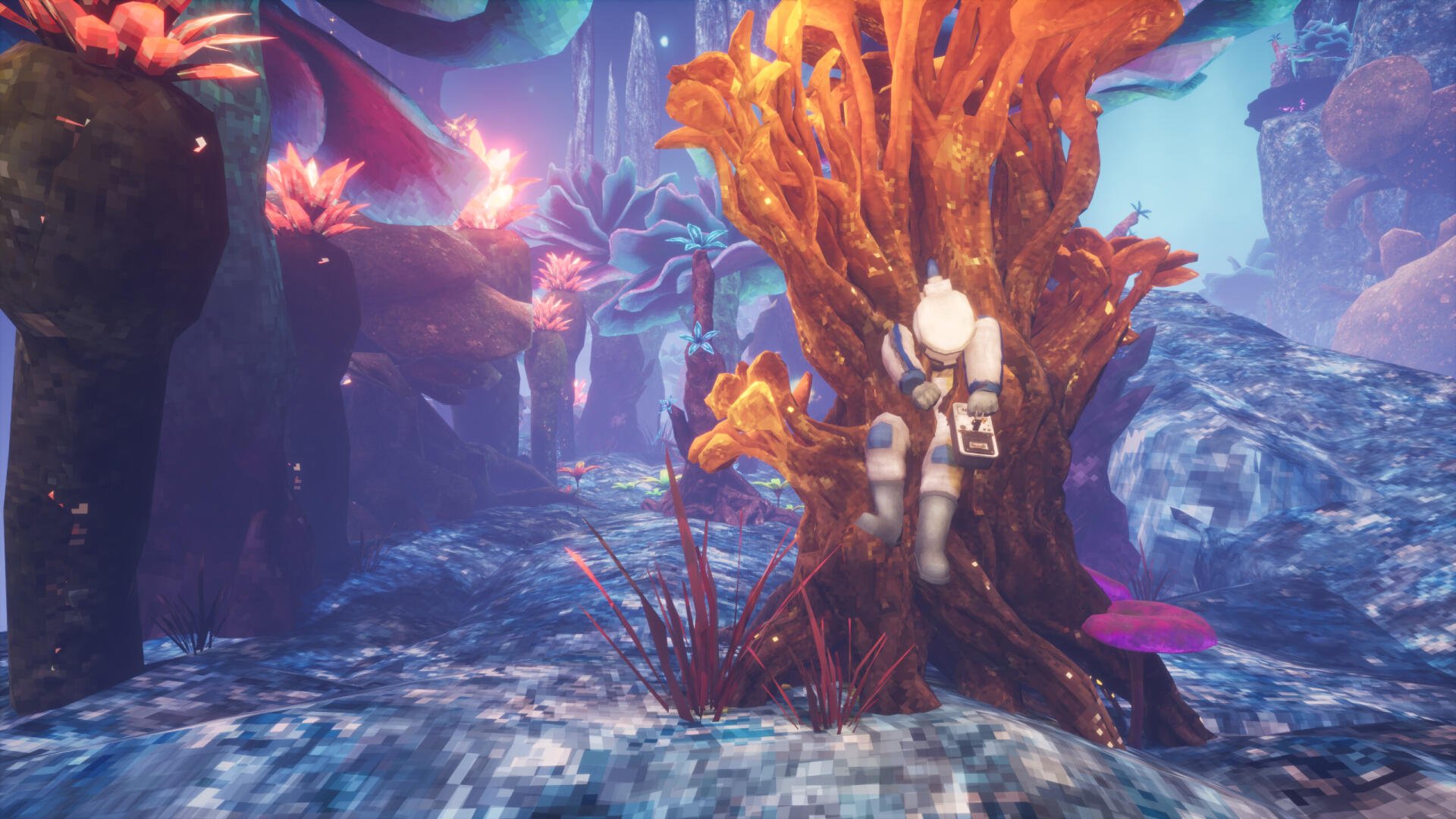 HD PC desktop wallpaper for the video game Abiotic Factor, showing an astronaut exploring a luminous, coral-like tree amid a colorful, bioluminescent alien landscape.
