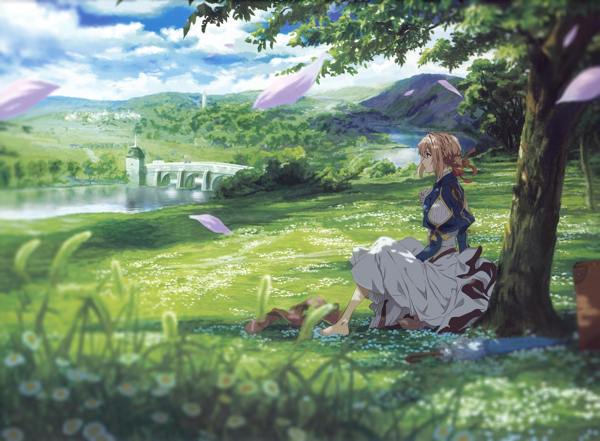 Anime HD PC desktop wallpaper: Violet Evergarden (character) seated beneath a tree by a lake, cherry petals drifting across a sunlit meadow.