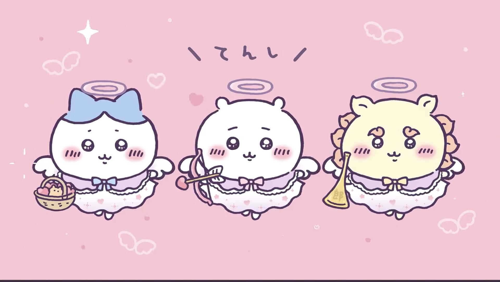 HD PC Desktop Wallpaper and Background featuring kawaii Chiikawa trio as angelic characters with halos, wings and instruments on a pink backdrop with stars and hearts.