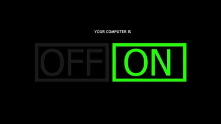 A clever HD PC desktop wallpaper featuring the message YOUR COMPUTER IS with OFF in black and ON highlighted in vibrant green against a dark background.