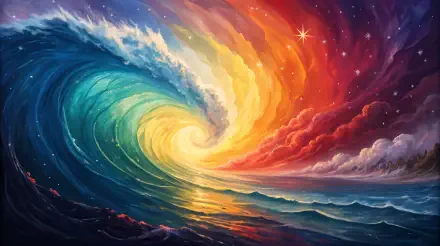 A vibrant light spectrum swirls through a dynamic wave, blending colors from deep blue to fiery red under a starry sky. A captivating 4K Ultra HD desktop wallpaper.