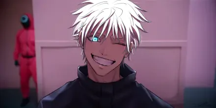 HD anime wallpaper featuring Satoru Gojo from Jujutsu Kaisen with a Squid Game mask character visible in the background, merging two popular series.