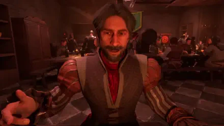 A detailed HD wallpaper from the video game The Quinfall, featuring a charismatic character in a lively tavern setting, surrounded by other patrons.