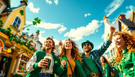 A vibrant St. Patrick's Day celebration with people joyfully wearing green, holding drinks, and enjoying the festive atmosphere, set against a bright blue sky. 4K Ultra HD wallpaper.