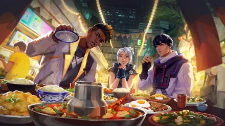 4K Ultra HD desktop wallpaper featuring Valorant characters Jett, Phoenix, and Iso enjoying a vibrant street food feast.