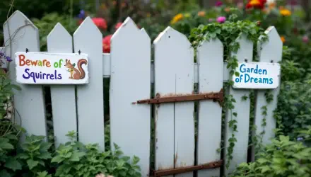 A whimsical garden fence adorned with Beware of Squirrels and Garden of Dreams signs, surrounded by vibrant flowers and lush greenery. 4K Ultra HD PC Desktop Wallpaper.