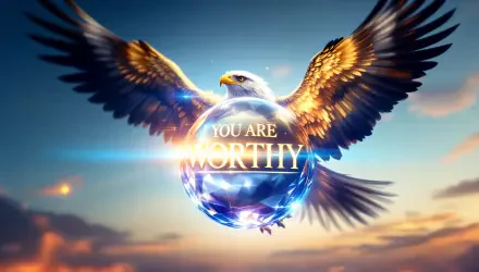 A stunning 4K Ultra HD wallpaper featuring an eagle soaring above, with the empowering text YOU ARE WORTHY glowing at its center against a vibrant sky.