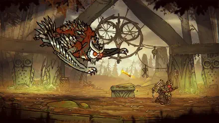 An action-packed scene from Tails of Iron 2: Whiskers of Winter, featuring a fierce creature leaping towards a character in a richly detailed, atmospheric environment.