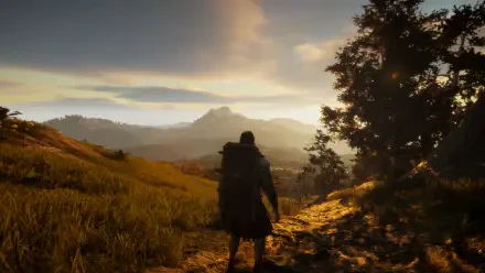 A captivating HD wallpaper from the video game The Quinfall, featuring a traveler walking through a scenic landscape with mountains and a sunset in the background.