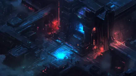 Isometric dark cyberpunk landscape featuring neon blue and red lights, creating a moody and futuristic atmosphere, designed as an HD PC desktop wallpaper and background.