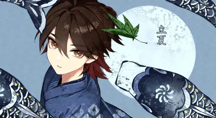 HD PC desktop wallpaper of a Genshin Impact boy in blue robes with a leaf hair accessory and moon backdrop — video game gaming artwork