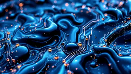 Abstract circuit board pattern with glowing lines and droplets on a rich blue background. A stunning 4K Ultra HD wallpaper for PC desktops.