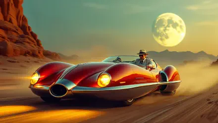 A stunning 4K Ultra HD image of a vintage red car racing through a desert landscape with a large moon in the sky, capturing the spirit of a classic road trip adventure.