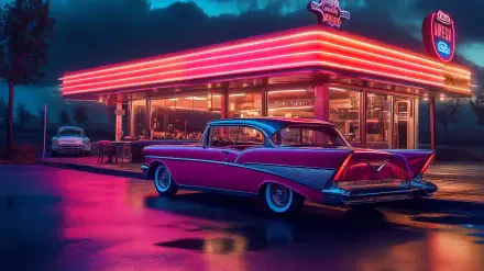 A vibrant retro scene featuring a classic car parked in front of a neon-lit diner, capturing the nostalgic essence of Route 66 in an HD desktop wallpaper.