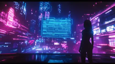 A silhouetted figure stands before a vibrant cyberpunk cityscape, filled with neon colors and holographic displays, creating an immersive futuristic atmosphere in HD quality.