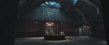 A vibrant HD desktop wallpaper featuring an eerie interior scene from Poppy Playtime: Chapter 4, highlighting a reception area with striking architectural details and lighting.