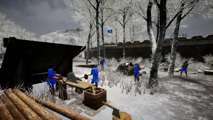 A snowy scene from the video game Eyes of War, featuring characters in blue attire working amid trees and ruins, set against a dramatic, overcast sky. 4K Ultra HD quality.