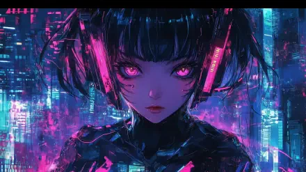 A captivating anime girl with pink accents and cyberpunk aesthetics, featuring glitchcore elements. Ideal as HD desktop wallpaper, set against a vibrant, futuristic city backdrop.