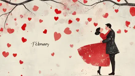 An artistic HD wallpaper for February features a couple in love, surrounded by floating red hearts, capturing the spirit of Valentine's Day beautifully.