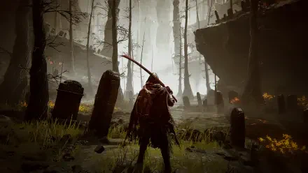 Elden Ring DLC HD PC desktop wallpaper/background: lone cloaked warrior with greatsword stands in a misty, overgrown graveyard beneath jagged cliffs.