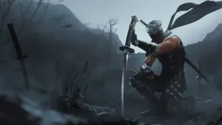 A dramatic HD wallpaper from Ninja Gaiden 2 Black, featuring a ninja in a dark, misty landscape, crouching with a sword, showcasing a tense atmosphere and striking visuals.