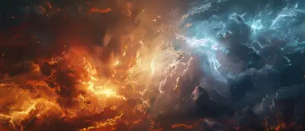A dramatic apocalyptic scene features a fiery orange sky clashing with a turbulent blue atmosphere, creating a powerful backdrop for a digital battle. Ideal for an HD desktop wallpaper.