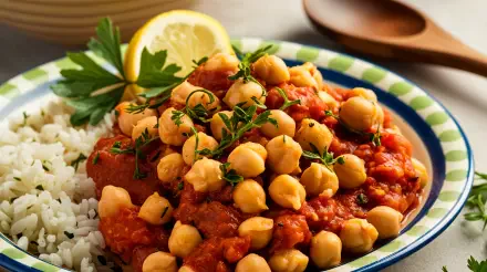A vibrant plate featuring chickpeas in a savory tomato sauce, garnished with herbs and accompanied by fluffy rice, set against a light background. 4K Ultra HD PC desktop wallpaper.
