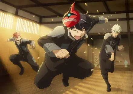 Anime Kaiju No. 8 wallpaper: Soushirou Hoshina, Reno Ichikawa and Iharu Furuhashi sprinting through a sunlit dojo, dynamic HD PC desktop wallpaper/background.