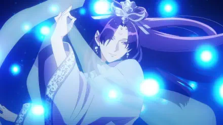 Anime HD desktop wallpaper of Jinshi from The Apothecary Diaries surrounded by glowing blue orbs in a dynamic, ethereal scene.