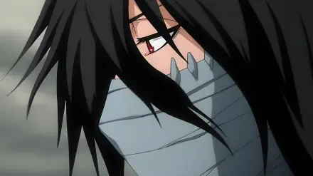 Close-up of Ichigo Kurosaki from Bleach—anime 4K Ultra HD PC desktop wallpaper and background showing a masked face, red eye and long dark hair against a muted backdrop.