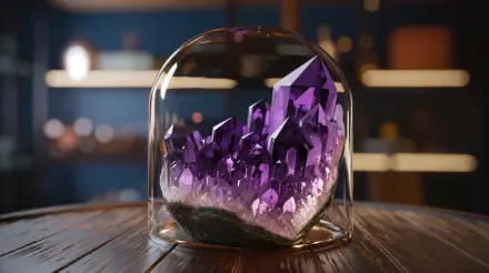 A stunning amethyst crystal formation displayed under a glass dome, set against a blurred background, creating an elegant 4K Ultra HD desktop wallpaper.