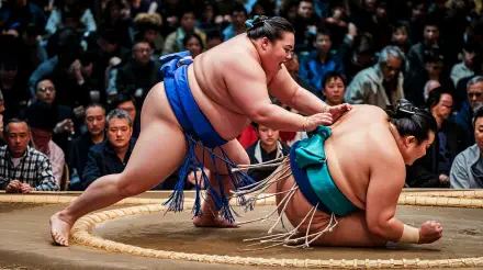 A vibrant 4K Ultra HD image of two sumo wrestlers in action, showcasing traditional attire and a captivating match, surrounded by an engaged audience in the background.