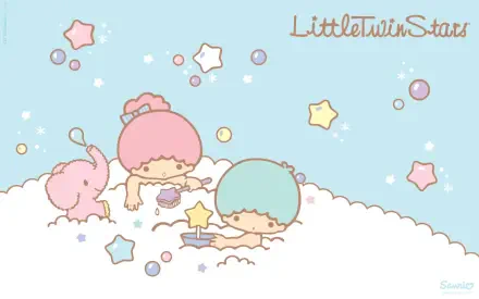 A charming HD desktop wallpaper featuring the Little Twin Stars from Sanrio, with pastel colors, playful elements, and an adorable elephant amidst clouds and stars.